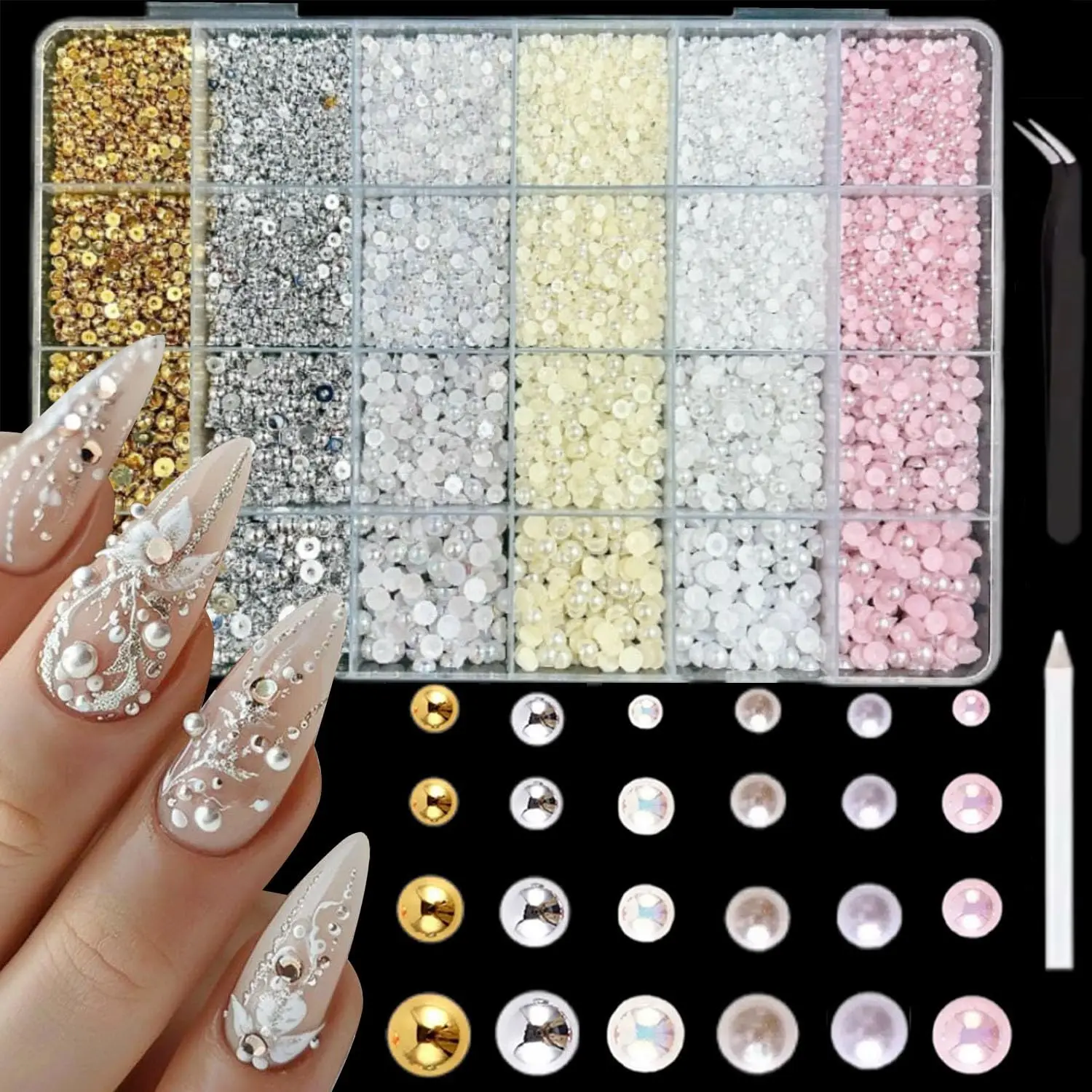 

1Box 3800pcs 3D Flatback Pearl Charms Half Round Nail Art Pearls Gold Beads Charms Nails Design Nail Jewels Craft DIY Decoration