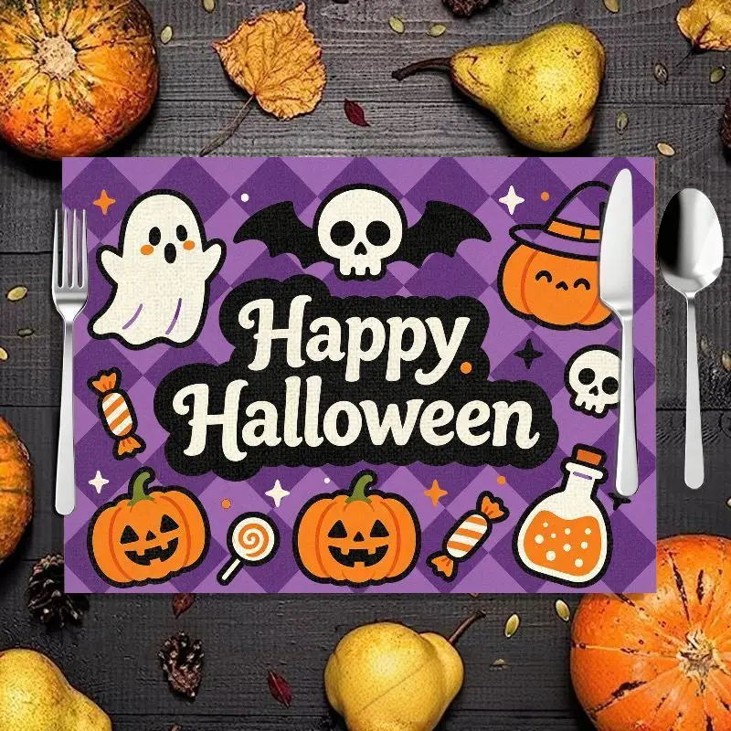 VIKAMA 2/4/6pcs Halloween Meal Mat, Ghost Castle Pumpkin Bat Skeleton Ghost Candy Table Mat, Spooky Desktop Party Decoration