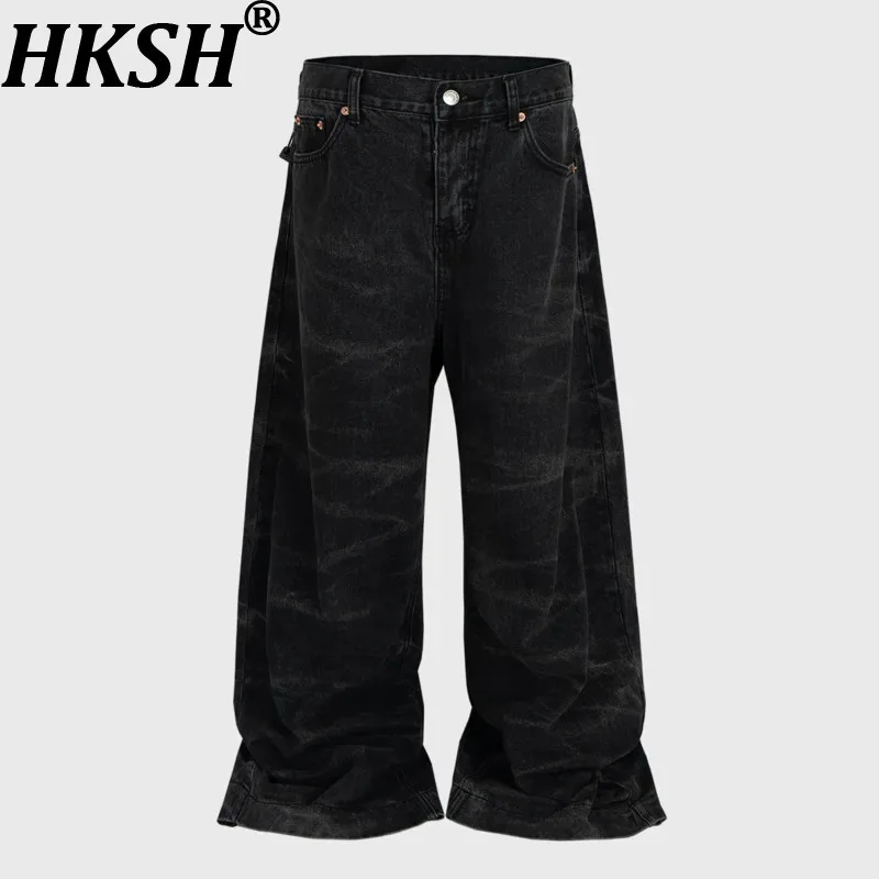 

HKSH Spring Autumn New Men Tide Washed Ripple Flared Wide-Leg Stacked Jeans Unisex Dark High Street Denim Pants Chic Ins HK9617