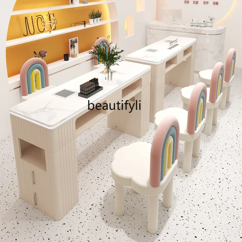 

Cream wind manicure table and chair set marble desktop with vacuum cleaner socket manicure table