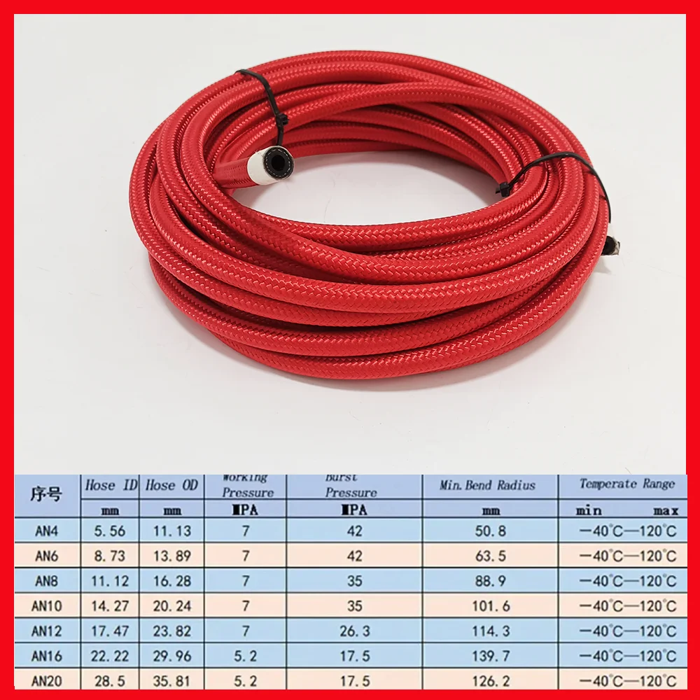 1M 3M 5M 8M 10M Red Fuel Hose Oil Gas LineAN4 AN6 AN8 AN10 AN12 AN16 AN20 Nylon Stainless Steel Braided CPE Rubber