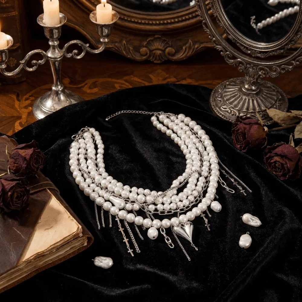 Elegant Multi Layer Clavicle Chain Irregular Broken Heart Cross Faux Pearl Tassel Necklace Dainty Design Silver Color