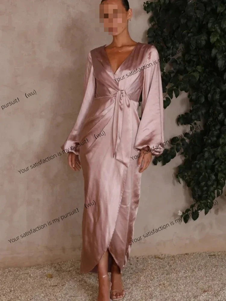 ZOCI-2025 夏の新作ファッション レディース ロールセクシー サテンロングドレス Vネック レース袖 ランタンロングドレス ホリデー