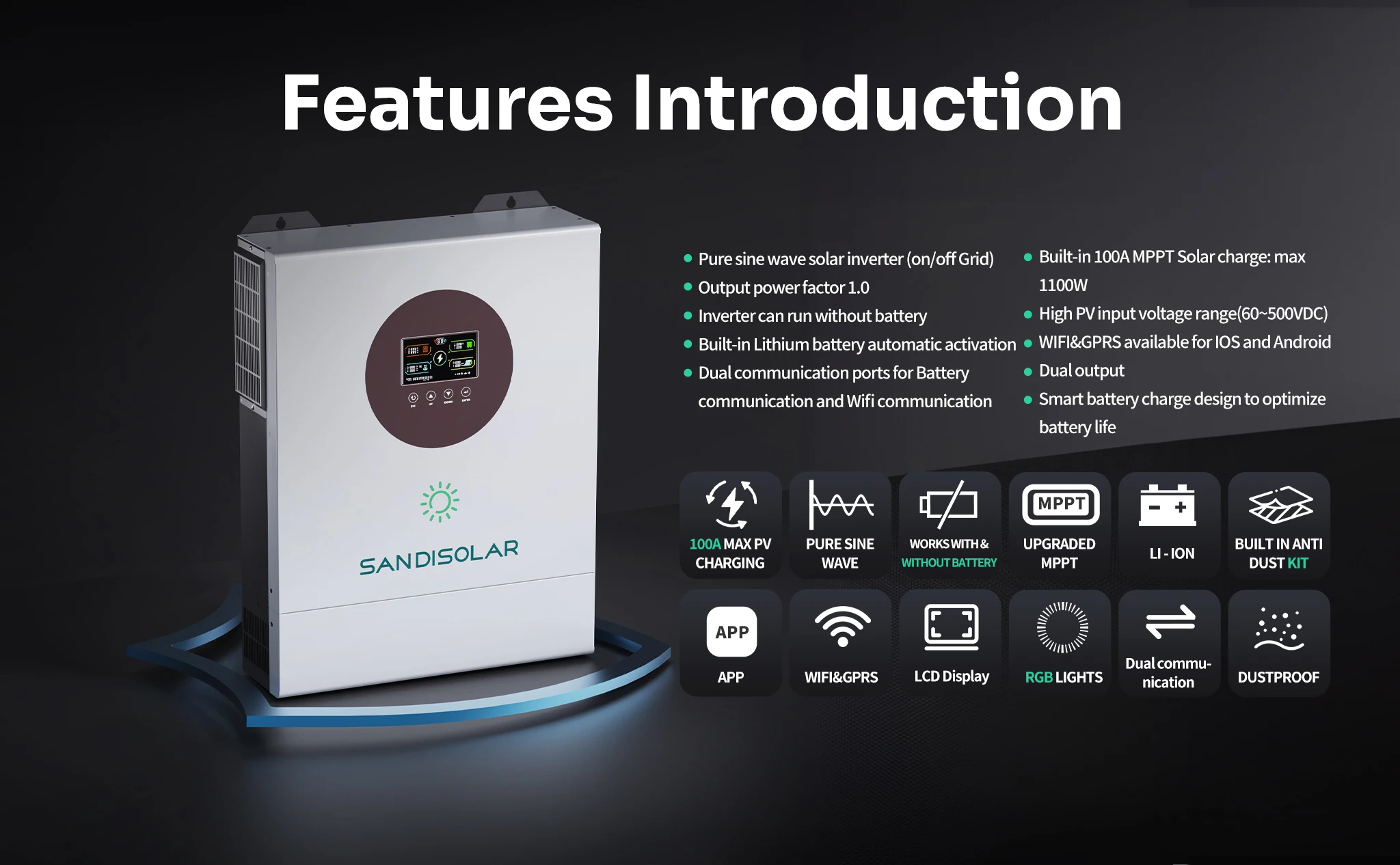SANDISOLAR 11KW 48V Hybrid-Solarwechselrichter 6 Einheiten Parallel 160A MPPT 500VDC Dual-Ausgang Reine Sinuswelle Off-Grid WiFi-Controller – Detail 8