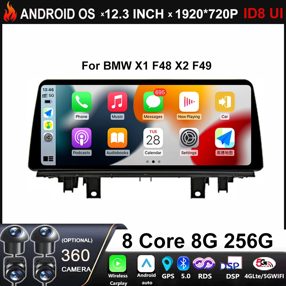 Android 14 ID8 Bildschirm DSP 12,3'' Für BMW X1 F48 X2 F49 2017-2019 EVO System Auto carplay Monitore Multimedia Player Stereo Radio