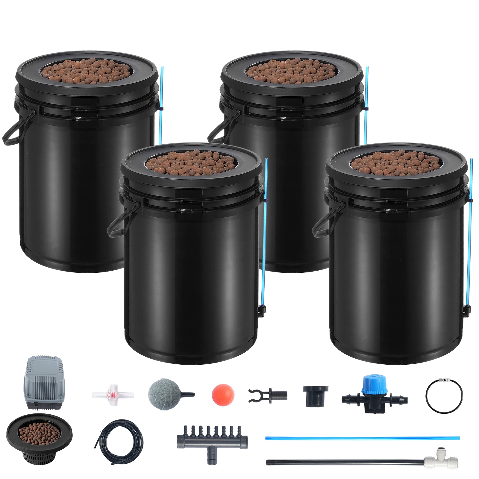 DWC Hydroponics Grow System, Deep Water Culture 5-Gallon 4 Buckets, Hydroponic Growing System with Top Drip Kit, Air Stones and Water Level Device for Leafy Vegetables, Featuring Air Pump