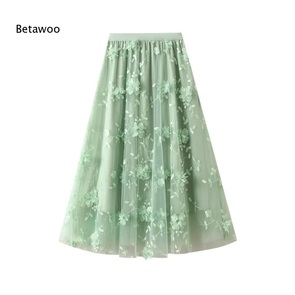 

Light Green 3D Flower Applique High Waist Tulle Skirt