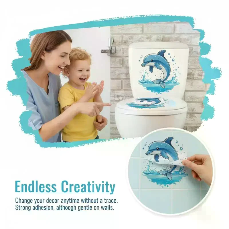 Cute Cartoon Blue Dolphin Toilet Lid Sticker Waterproof Self Adhesive For Bathroom Home Decoration Easy Apply Remove
