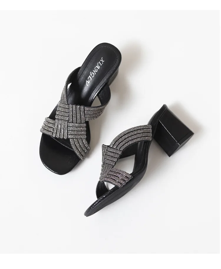 322-7 High Heel Sandals 2023 Summer Fashion Thick Heel Daily Versatile Rhinestone Roman Shoes Women
