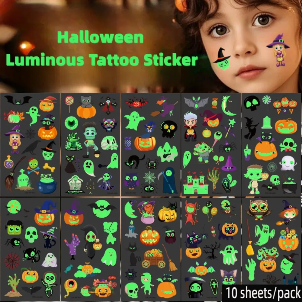 

10pcs Halloween Pumpkins Tattoo Stickers Luminous Temporary Waterproof Stickers for Face Body Tattoo Kids Halloween Party Props