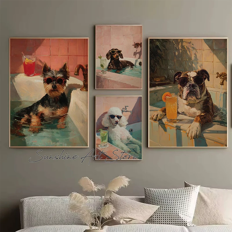 Pet Dog with Cocktails Corgi Golden Retriever Bulldog Yorkie Shepherd in Bathtub Funny Art Poster Canvas Painting Wall Pictures