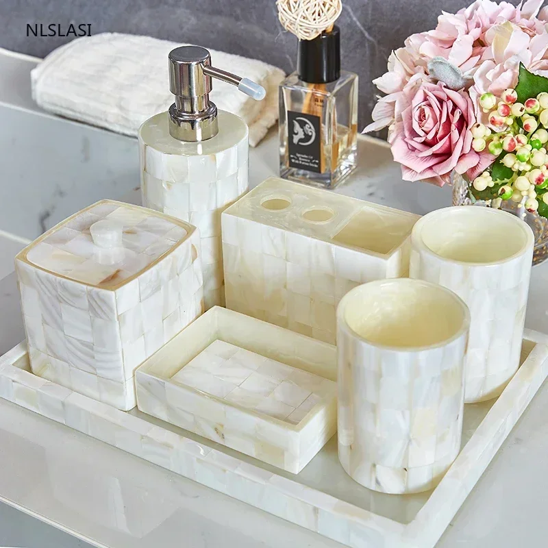 

Nordic Shell Pattern Resin Bathroom Supplies Set Cup with Tray Accessories Toothbrush Holder Soap Dispenser Soap Dish Mouth