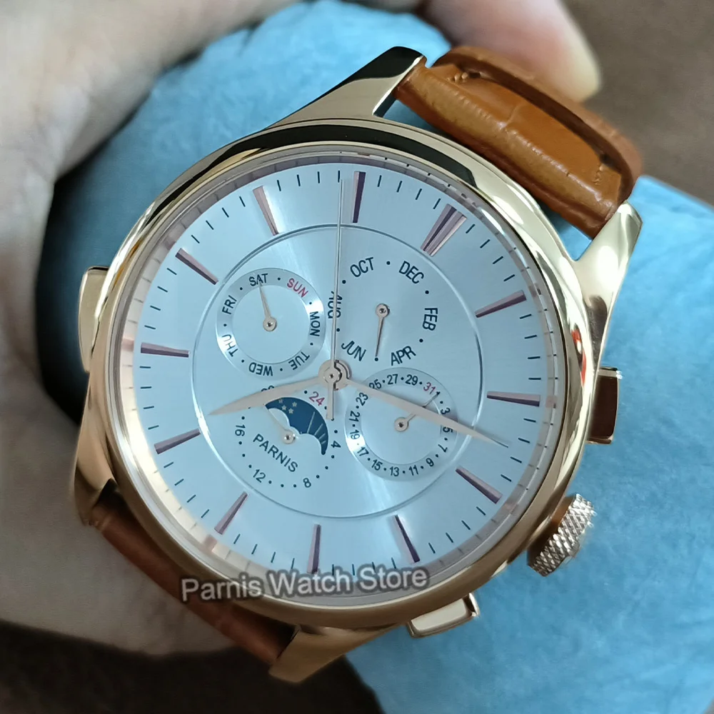 Parnis 45mm Herrenuhr Roségold Weißes Zifferblatt Seagull1652 Automatische mechanische Skala Kalender Lederarmband Herren Sportuhren