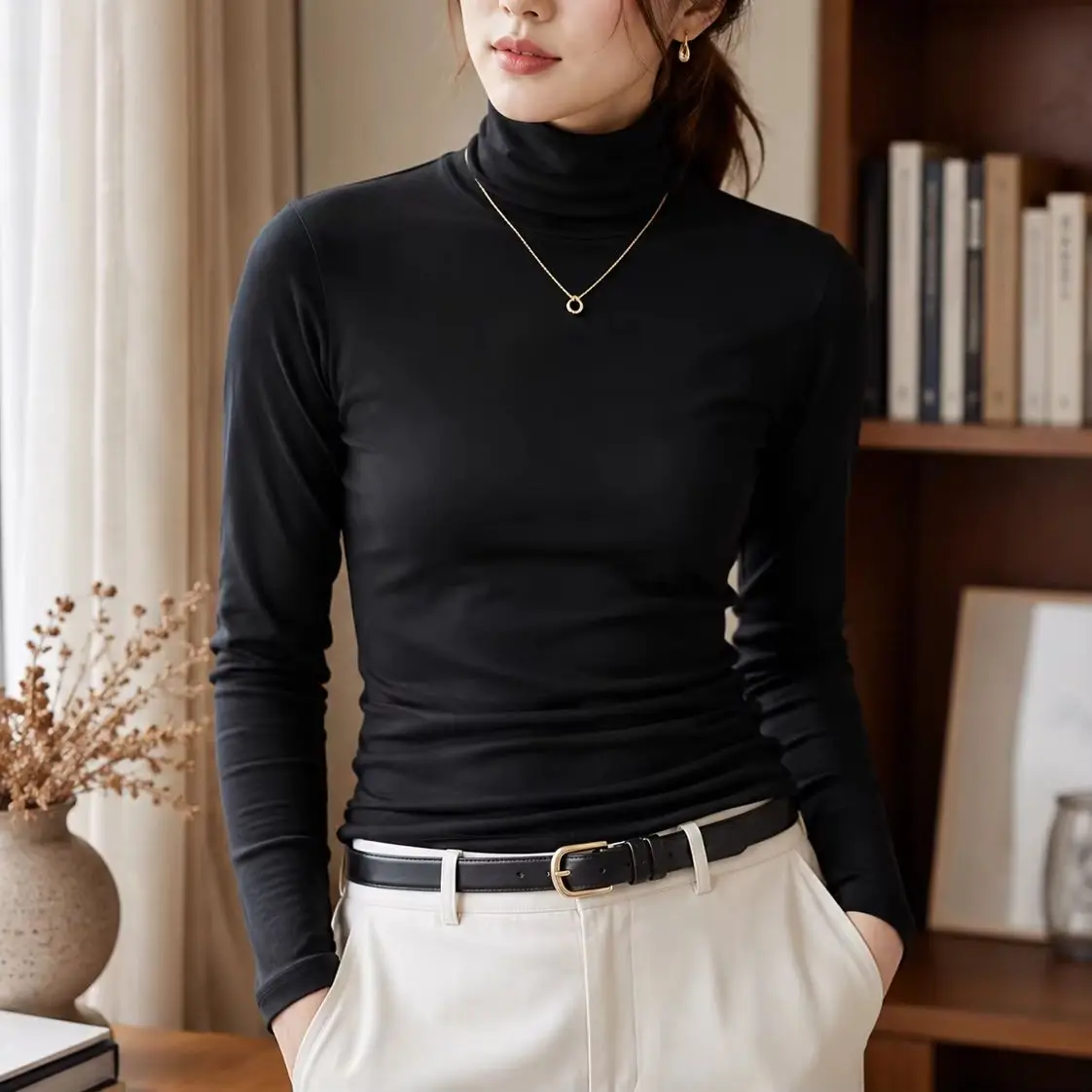 Women Thermal Turtleneck Shirt Autumn Winter Breathable Slim Fit Long Sleeve Business Casual Solid Color Base Layer Office Top