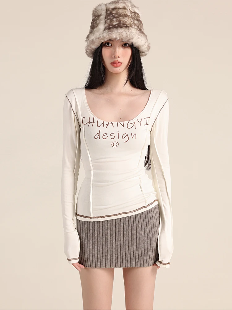 

Versatile Long Sve T-irt Women's Spring Sle White Letter Print Slim Fit Base Layer Top Commute Sle Regular Length