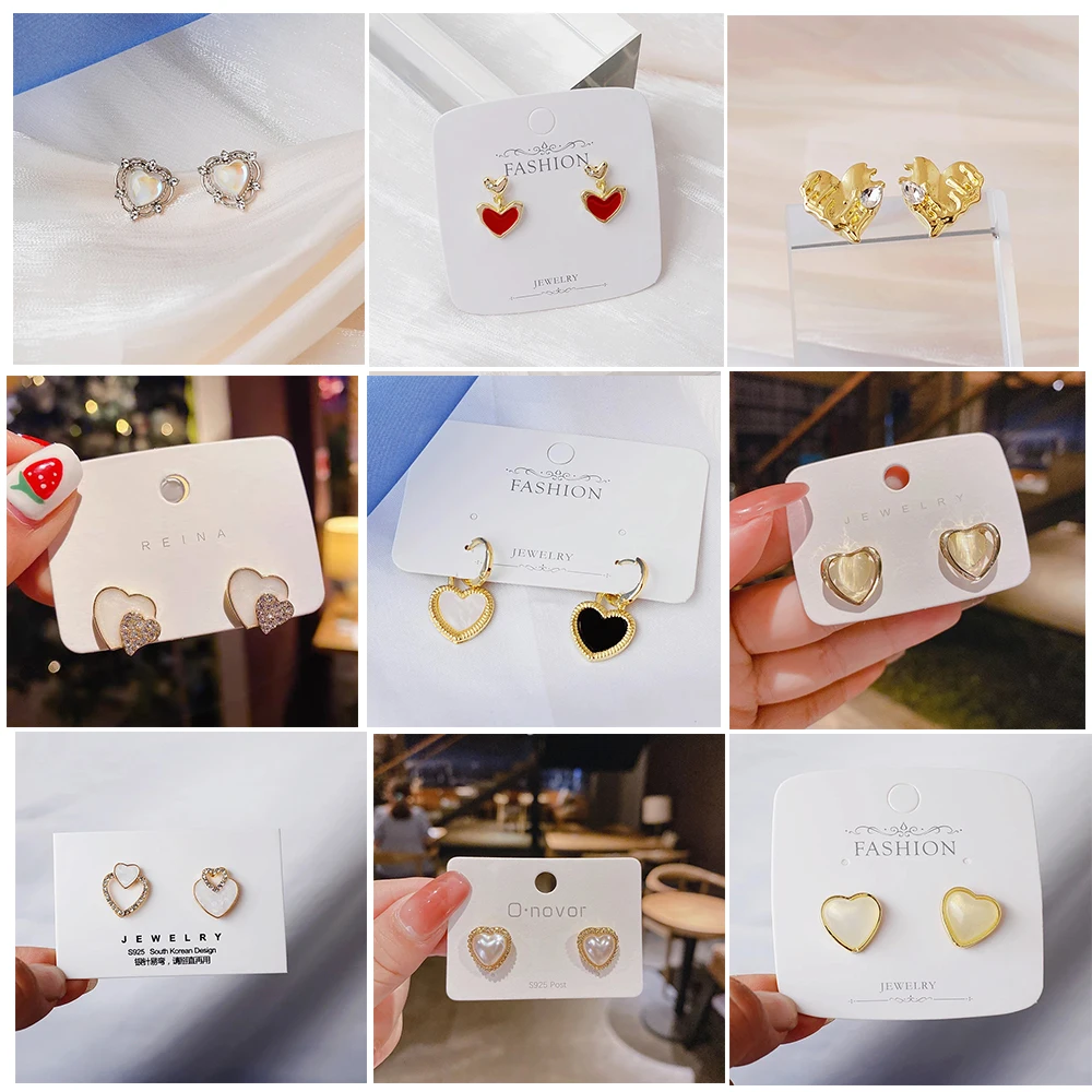 Cute Korean Earrings Love Heart Bling Crystal Stone Rose Gold Color Stud Earrings for Women Korean Fashion Jewelry 2024 New Gift