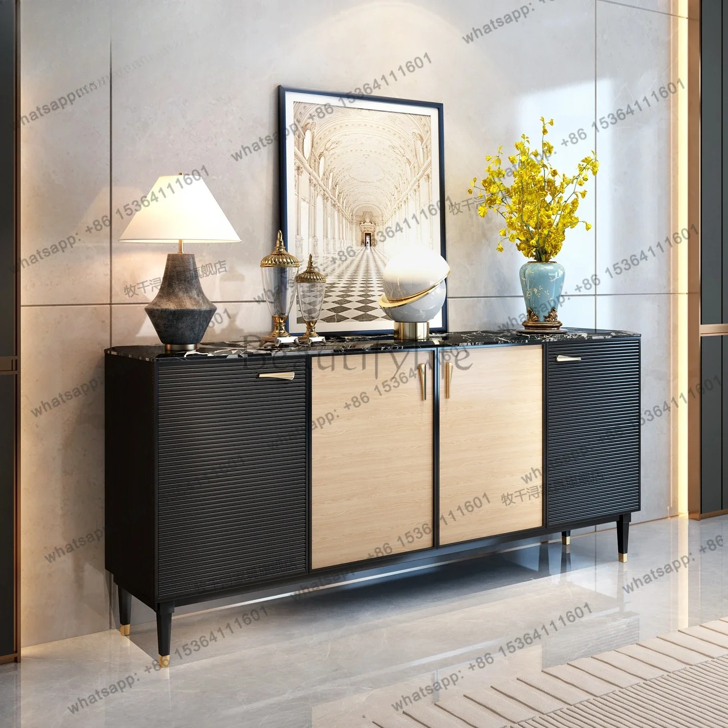

D25Italian retro style home entrance cabinet solid wood storage marble dining side cabinet