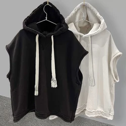 2024 New Solid Color Simple Hooded Sleeveless T-shirt Men's Summer Pure Cotton Street All-match Handsome Vest Top Casual Loose