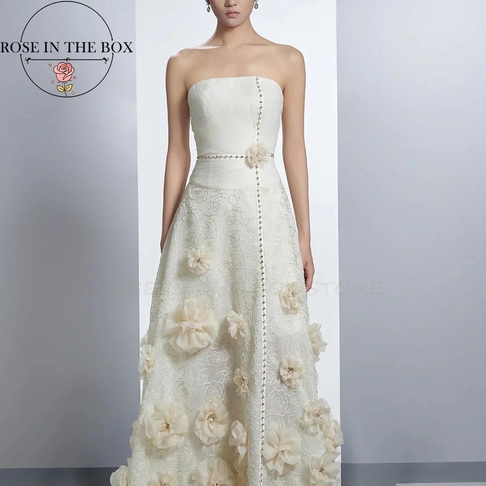 

ROSEINTHEBOX Saudi Arabic Strapless Evening Dresses 2025 with Flowers Wedding Dress A-line Sleeveless Zipper Customized