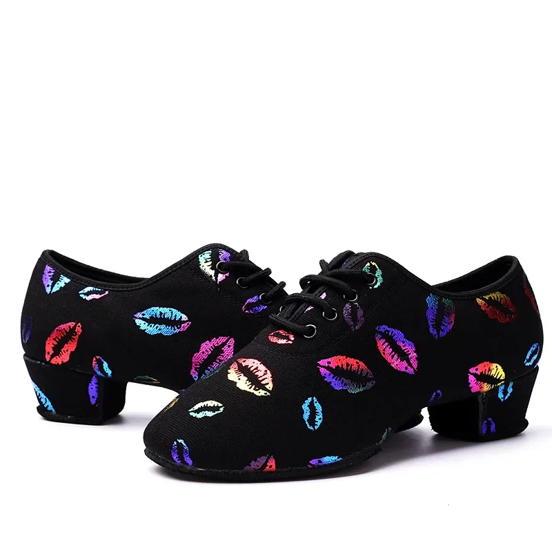 Zapatos de baile de tacón alto, zapatillas de salón para mujer, zapatos de baile latino, zapatos de baile negros con punta estrecha para mujer, estampado de labios