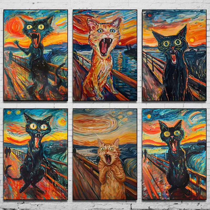 Screaming Cat Oil Posters and Prints Canvas Painting Famous Artwork Wall Art Watercolor Picture for Living Room Home Decor Gifts