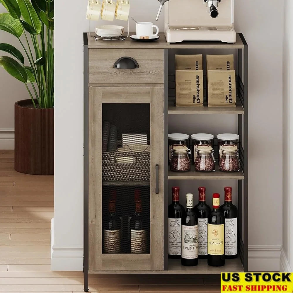 3 Tier Coffee Stand with Drawer Adjustable Shelf Farmhouse Storage Table Kitchen Dining Corner Bar