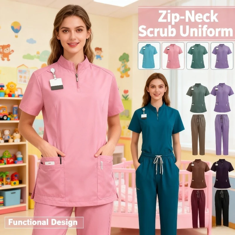 

2025 Stand Collar Zippered Doctor Nurse Work Uniform Scrub Top Straight Pants Solid Color