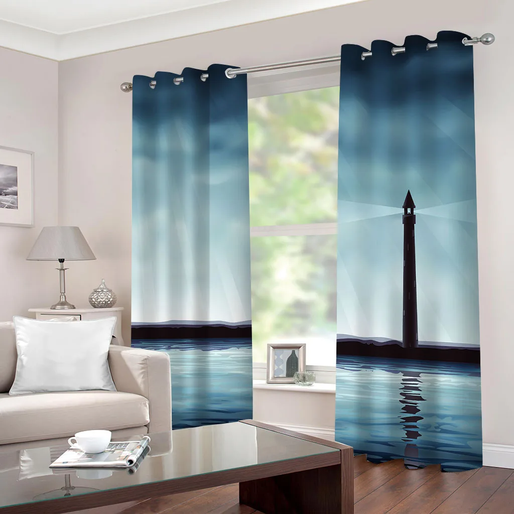 HUANZHUANG Curtains For Bedroom Coastal Lighthouse Pattern Luxury Window Curtains For Living Room Printed Curtain For Home Decor