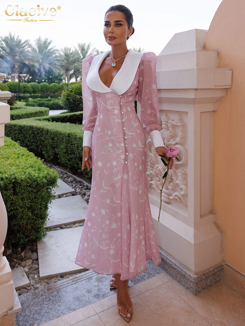 

Clacive Fashion Slim Print Women Dress 2026 Autumn Lapel Long Sleeve Ankle Length Dresses Elegant Classic Patchwork Female Dress