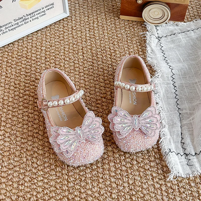 Mumoresip Children Perform Flat Shoes Luxury Sequins Girls Leather Shoes Princess Rhinestone Wedding Party Kids Mary Jane Shoes
