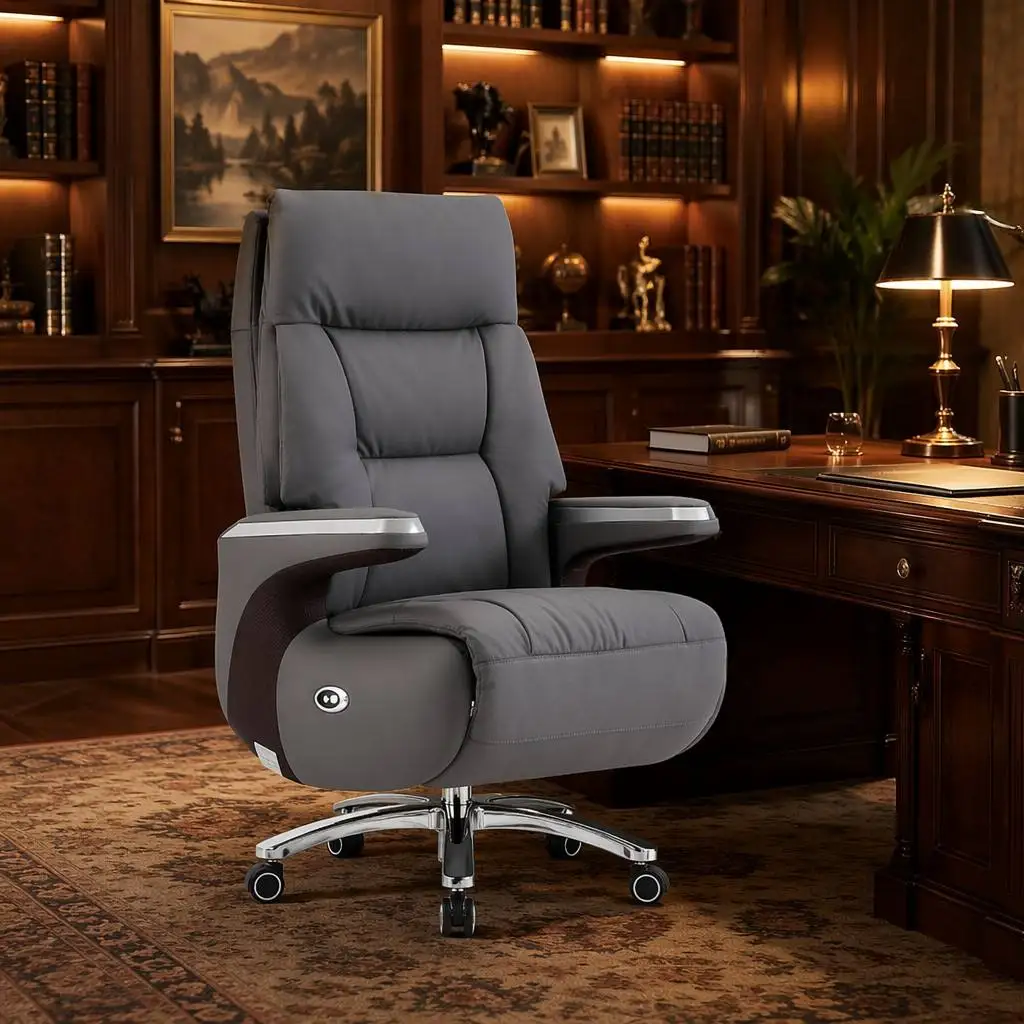 High Back Executive Genuine Leather Boss Chair Voice Control Massage USB Charging Silent Motor 360mm Chrome Base OEM Custom