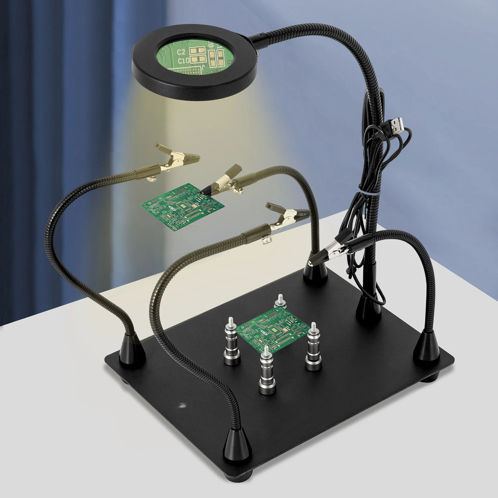 Soldering Station with Lamp with 3X LED Magnifier Lamp, 4 PCB Columns PCB Holder with Flexible Metal Arms Electronic Repair Tool