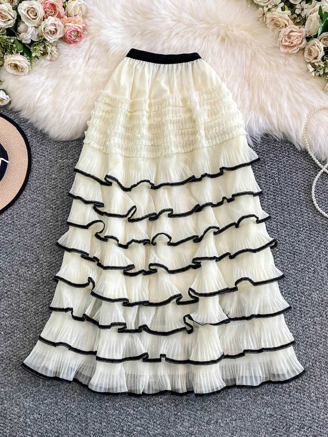 تنورة كعكة عادية المرأة عالية الخصر رقيق ميدي تنورة مخطط تصميم Ci تخفيف فضفاضة تناسب الخريف الشتاء الحلو الجنية تنورة #4