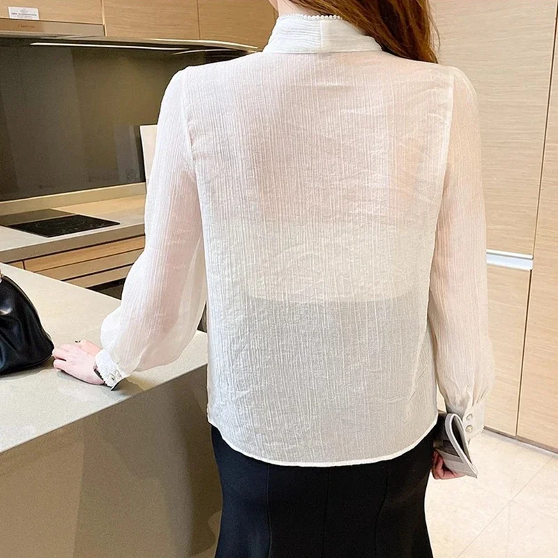 Women Chiffon Office Shirts Autumn Winter Bow Neck Korean Fashion Clothes Causal Camisas Elegant Long Sleeve Ladies Tops Blouses