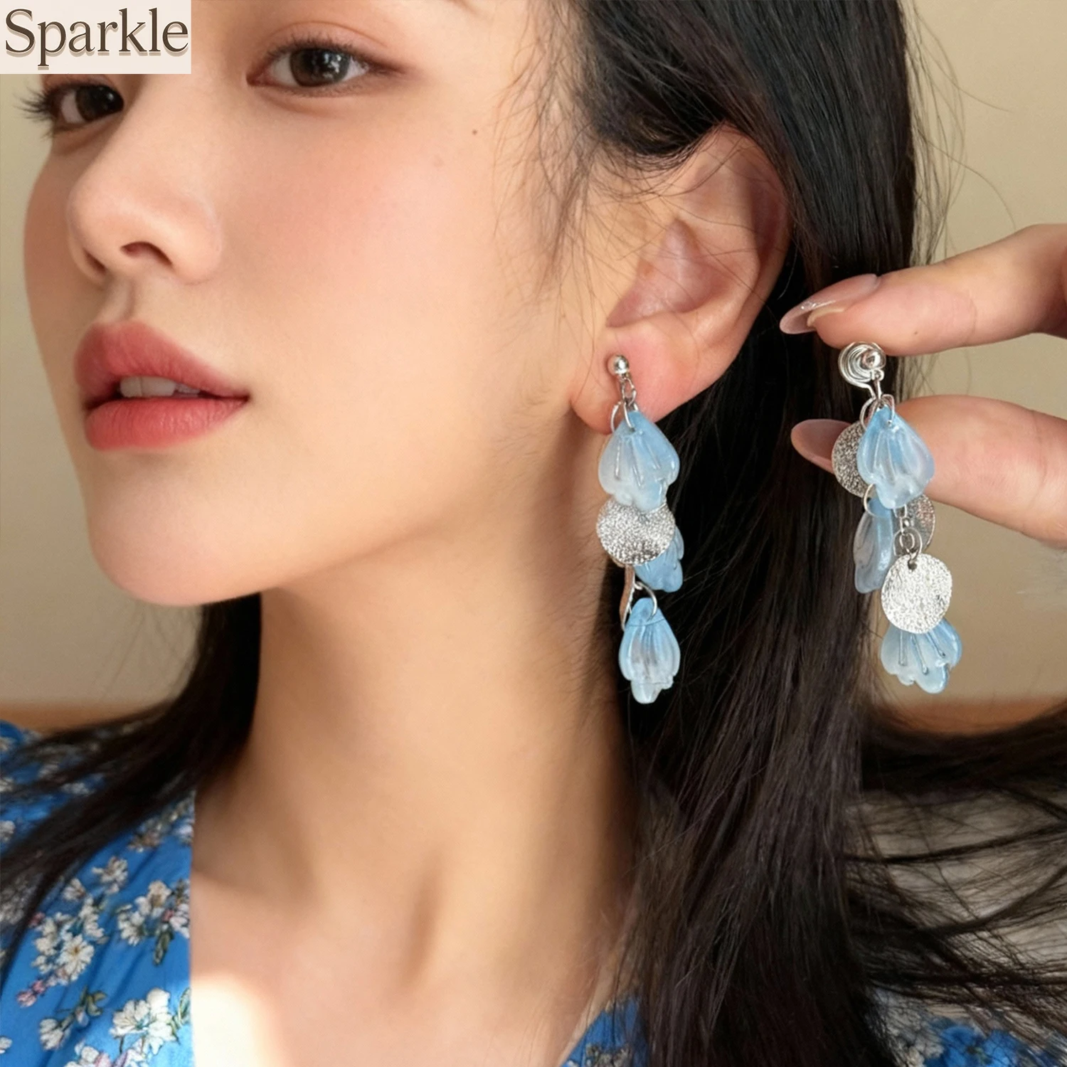 

Women's Gradient Blue Shell Drop Earrings Exquisite Simple Disk Dangle Sweet Romantic Vintage Versatile Jewelry