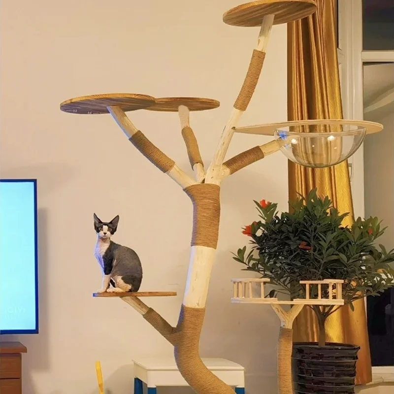 

Большая подставка для кошачьего дерева из цельного дерева ручной работы из натурального дерева, роскошная кошачья башня, игровой декор, подарок для гостиной