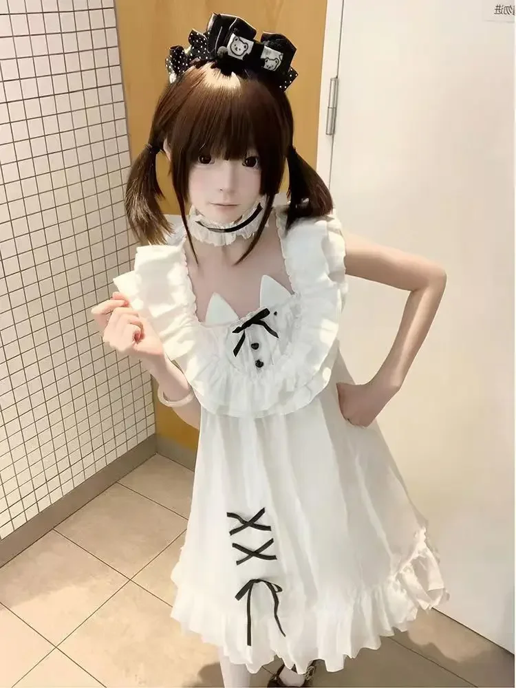 Kawaii فستان الدانتيل المرأة موضة لوليتا عادية القوس نفخة الأكمام الدانتيل فساتين حلوة صيف جديد اليابانية لوليتا وتتسابق 2025 جديد