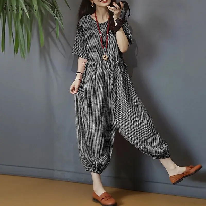 

Summer Rompers ZANZEA 2026 Vintage Women O Neck Half Sleeve Plaid Jumpsuits Casual Loose Wide Leg Trousers Baggy Work Playsuits