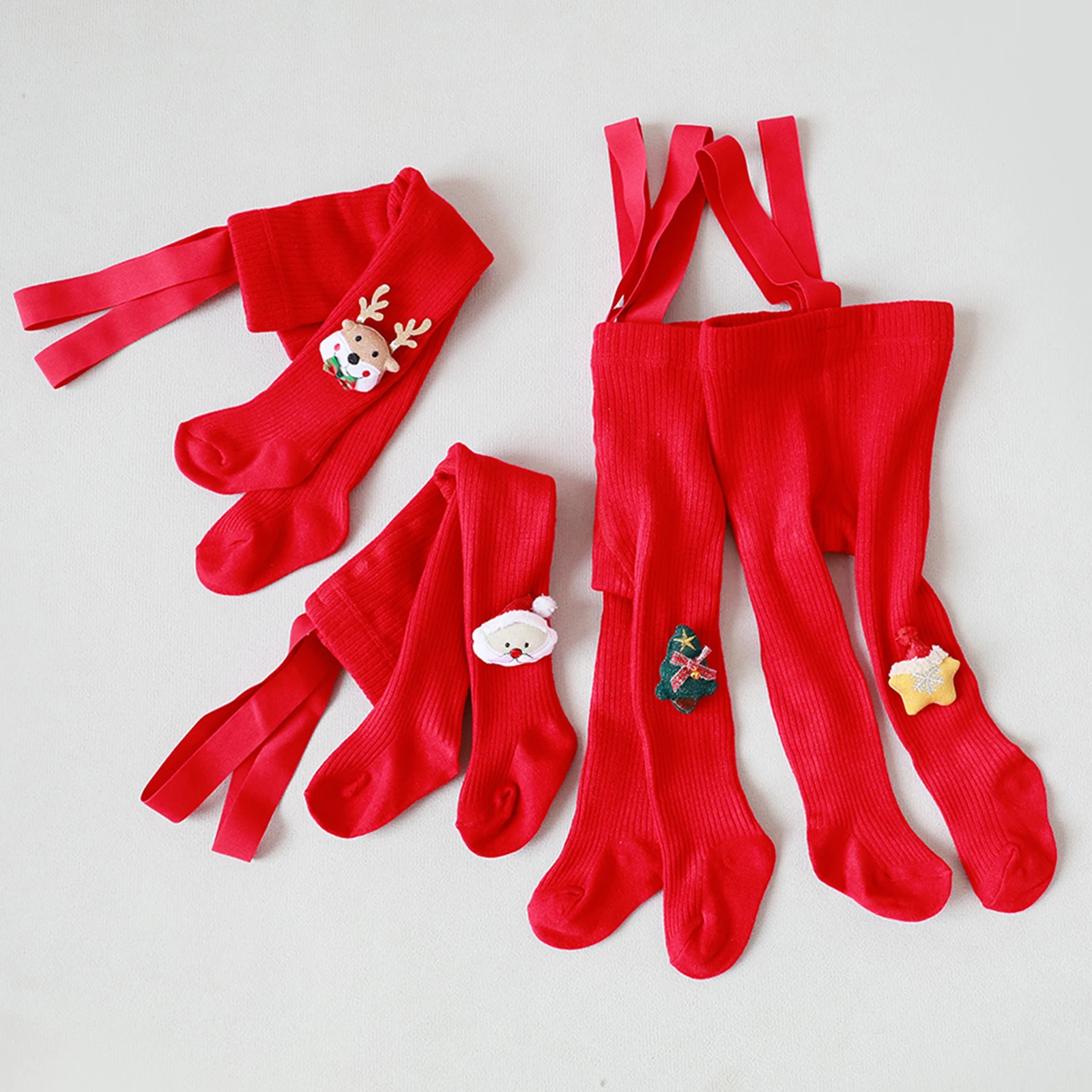 

Детские рождественские колготки на подтяжках, декоративные чулки Санта-Клауса/оленей/звезды/Рождественской елки, красные ребристые праздничные чулки для младенцев
