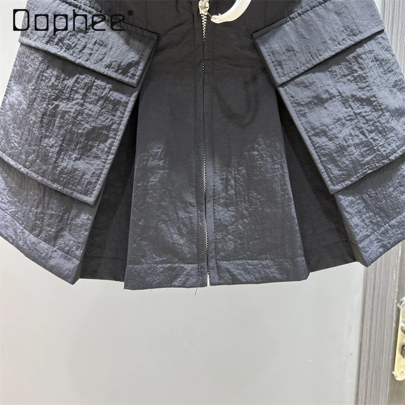 Tendência europeia moda bolso duplo mini saia de ferramentas feminino verão nova fileira única zíper casual versátil magro a linha saias