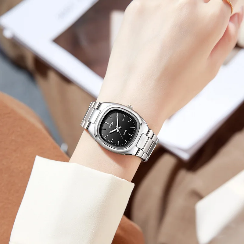 Простые женские часы с двойным календарем, высококачественные твердые стальные водонепроницаемые женские нишевые овальные кварцевые часы W atch