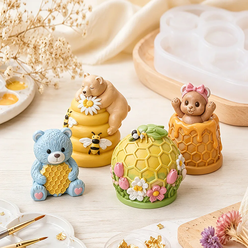 New Honeycomb Bear Silicone Mold Handmade Soap Candle Light Animals Ornaments Home Plaster Aromatherapy Resin Silicone Molds