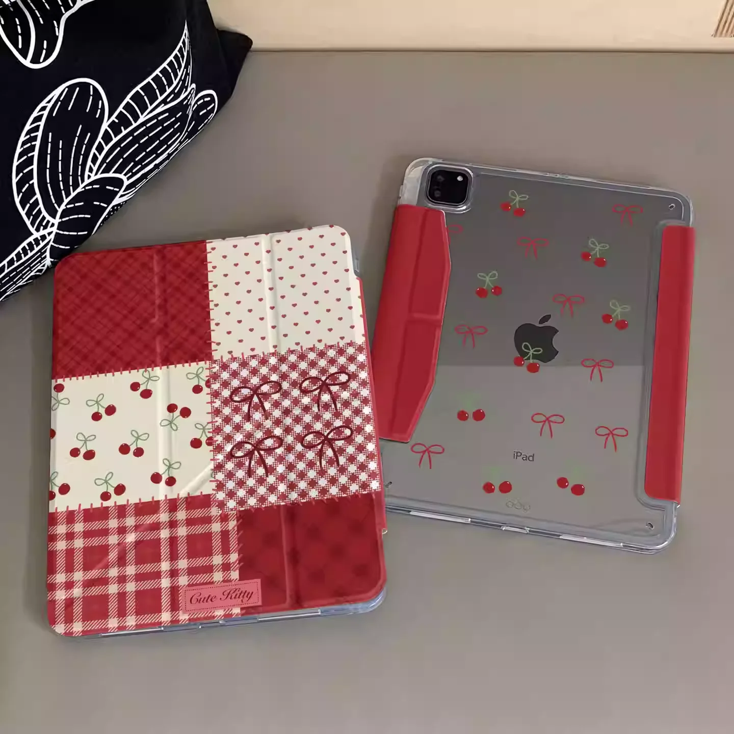 French Red Cherry Bowknot Table Case For iPad Pro 11 12.9 13 M2 M3 M4 M5 Shell 8.3 9.7 10.2 5/6/7/8/9/10/11th Air 3 4 5 6 Cover