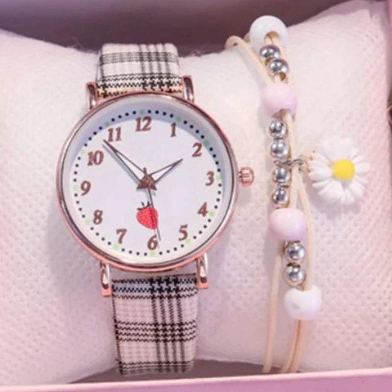 Fashion Plaid Women Watch Set 2Pcs Cute Strawberry Ladies Wristwatch Daisy Flower Bracelet Woman's Quartz Clock Simple Reloj