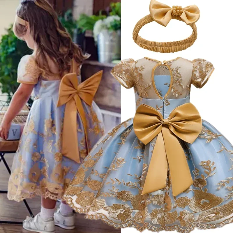 Luxury Embroidery Elegant Girls Princess Party Dresses Floral Vintage Ceremony Formal Gown Children Lace Birthday Clothing