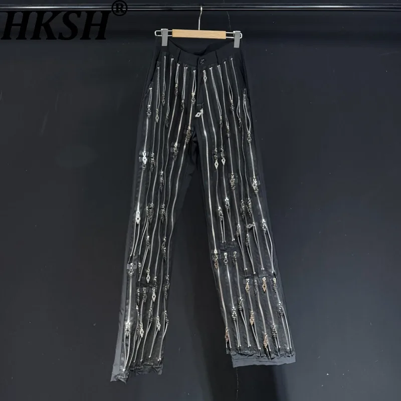 HKSH Spring Autumn New Men Tide Dark Punk Zipper Printed Striped Casual Pants Loose Straight Trend Fashion Chic Ins Vibe HK19081