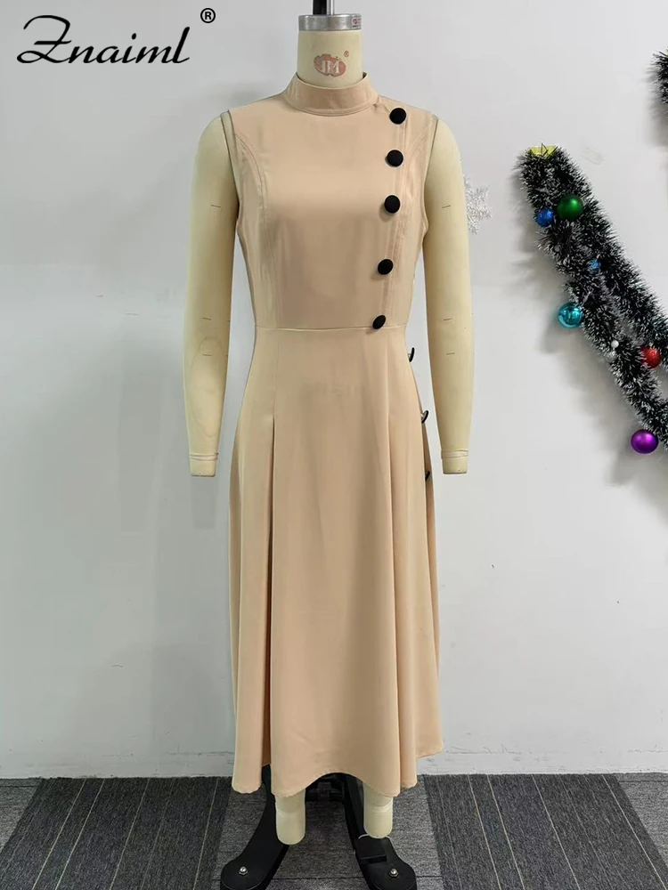 Znaiml Elegant Stand Sleeveless A-Line Pleated Khaki Mid Dresses Women Office Lady Fashion Evening Gown Birthday Prom Vestidos