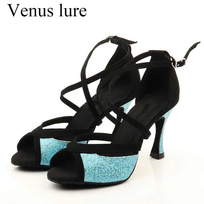 

Venus Lure Customized Wide Light Blue Sandal Heels for Dancing Suede and Glitter 10CM