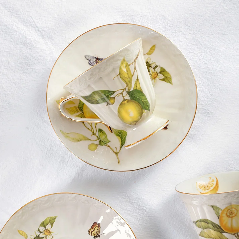 Gold Edge Lemon Teapot Cup And Saucer Coffee Mug Ceramic Dinner Plates Drinkware For Birthday Wedding