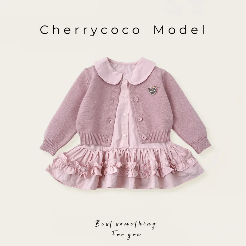 CherrycocoGirls' Spring and Autumn New StyleMIUHeart-shaped Knitted Cardigan Shirt Dress Two-piece Set
